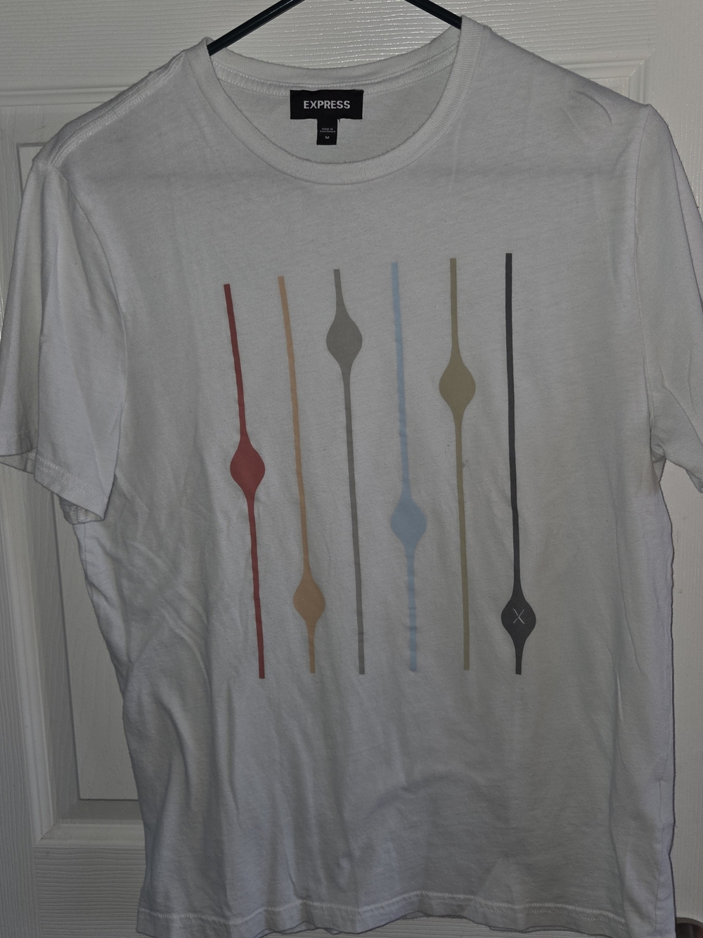 Express White Short Sleeve Tee with Multicolor Vertical Graphic